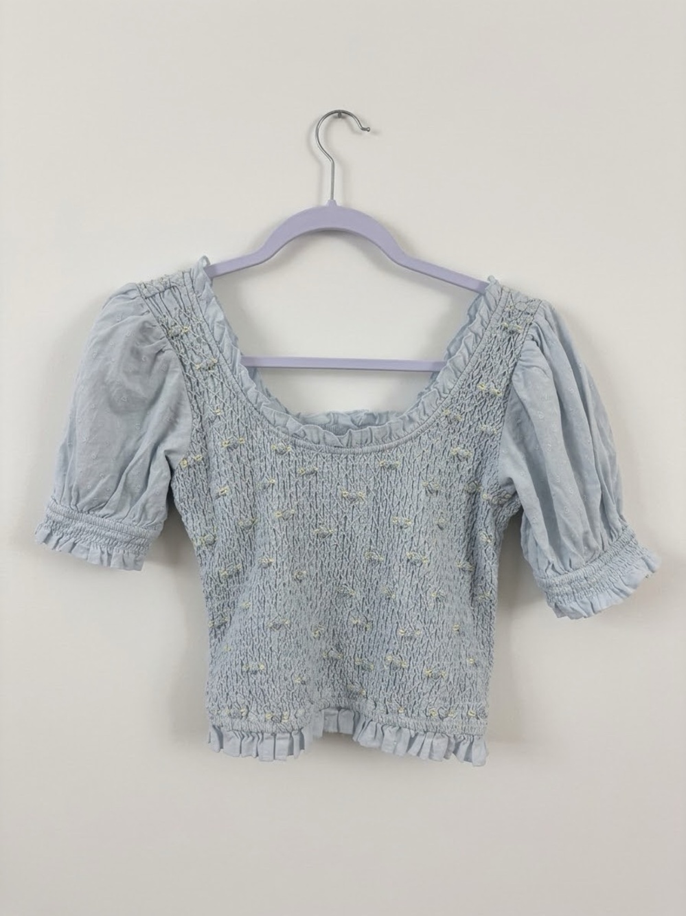 “Free People” Powder Blue Smocked Puff Sleeve Crop Top